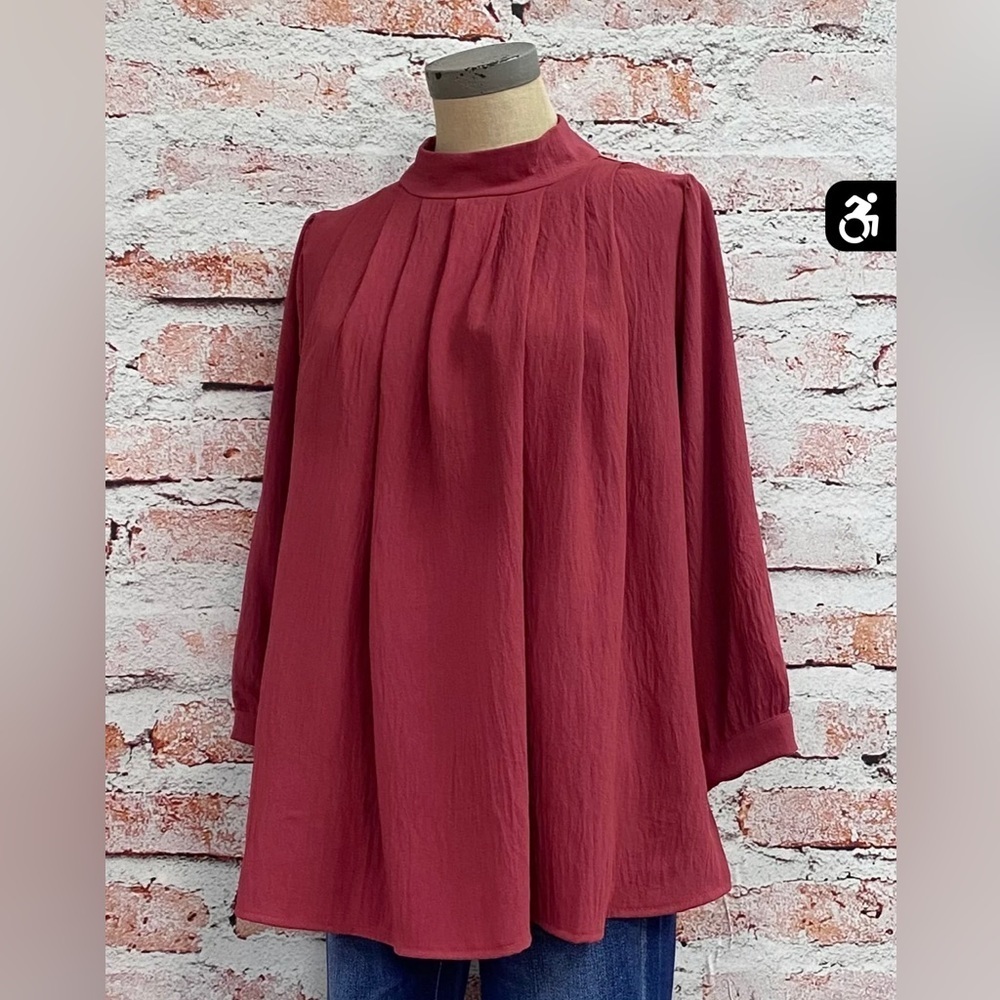 Anthropologie Ces Femme Maroon Mock Neck Pleated Blouse. Sz S - Picture 9 of 11